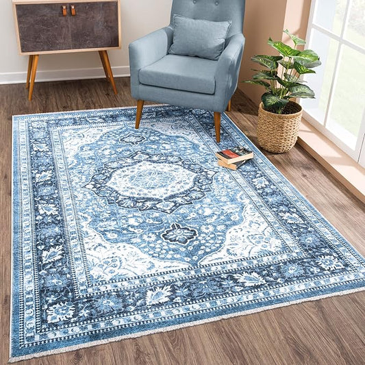 Bloom Rugs Caria Washable Non-Slip 6x9 Rug - Blue Traditional Area Rug for Living Room, Bedroom, Dining Room, and Kitchen - Exact Size: 6' x 9'