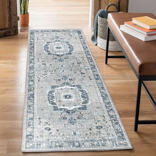 Bloom Rugs Washable Non-Slip 7 ft Runner - Pebble Gray/Blue Traditional Medallion Runner for Entryway, Hallway, Bathroom, and Kitchen - Exact Size: 2.5' x 7'