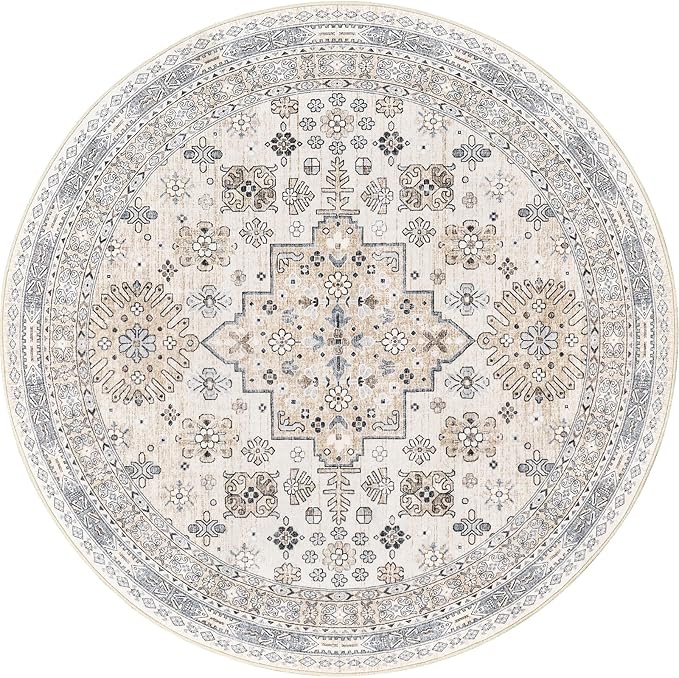 zesthome 8ft Round Rugs for Living Room, Non-Slip Washable Round Area Rugs, Ultra-Thin Large Circle Rugs, Soft Low Pile Rug for Bedroom, Kitchen - Vintage Stain Resistant Round Rug (Beige,8'x8')