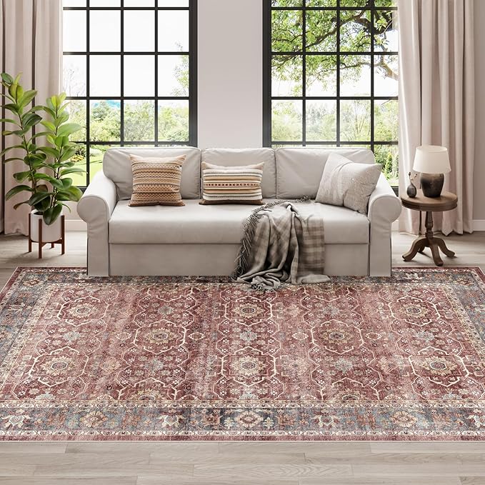 Dripex Vintage 5x7 Area Rugs - Large Washable Area Rug for Living Room Bedroom Oriental Medallion Floral Print Floor Carpet Low-Pile Indoor Soft Non-Slip Accent Rug Farmhouse Home Office Decor