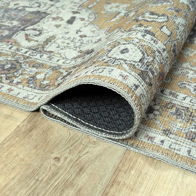 Bloom Rugs Washable Non-Slip 7 ft Runner - Yellow Traditional Medallion Runner for Entryway, Hallway, Bathroom, and Kitchen - Exact Size: 2.5' x 7'