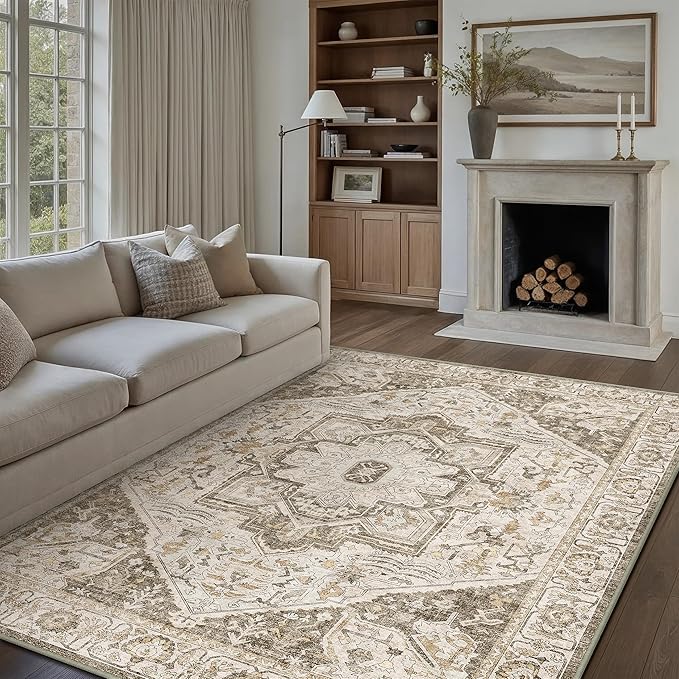 Brown Area Rug 6x9 Vintage Washable Distressed Living Room Carpet Large Indoor Non Slip Traditional Medallion Retro Low Pile Accent Throw Rug Bedroom Kitchen Office Dining Room