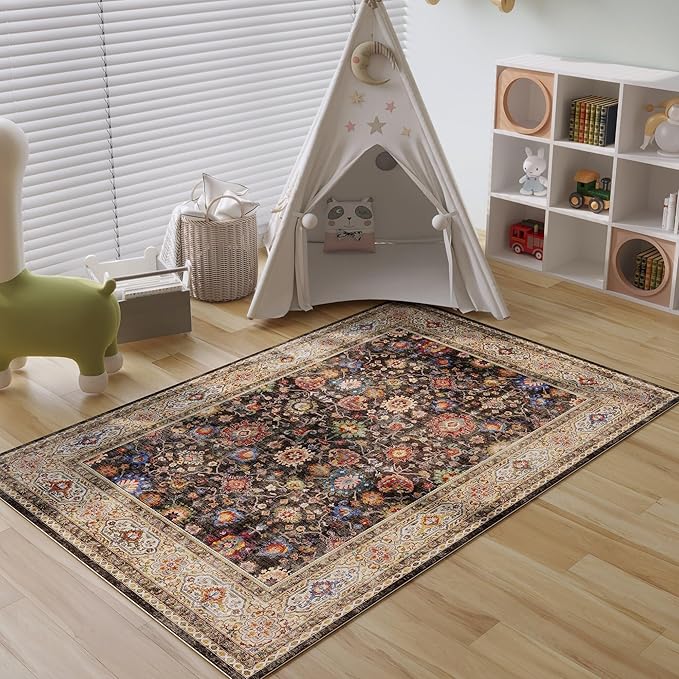 Area Rug 4x6 Rug Washable Boho Rugs Non Slip Low Pile Small Carpet for Bedroom, Bedside, Kids Room, Office, Dining Room (Dark Espresso)