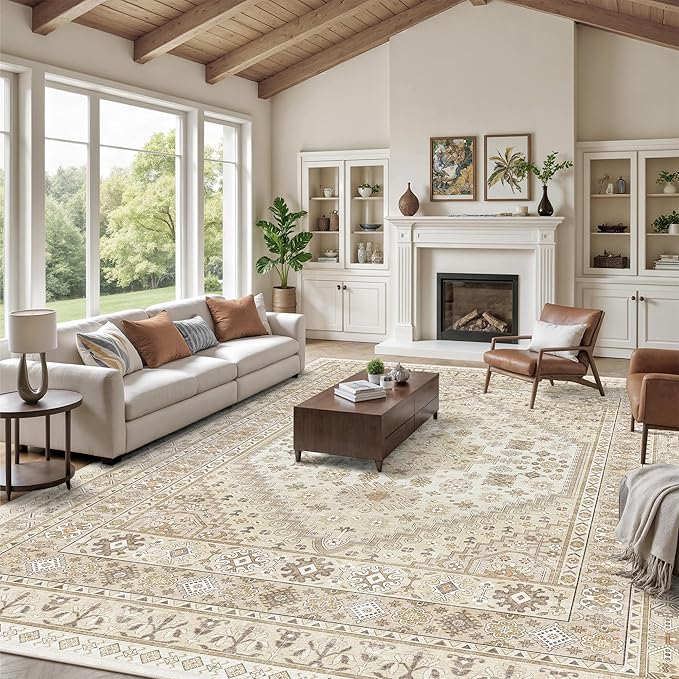 zesthome 12x15 Area Rugs, Large Washable Rug, Ultra-Thin Stain Resistant Rugs for Living Room, Bedroom, Non-Slip Backing Home Decor Area Rug (Cream/Beige,12'x15')