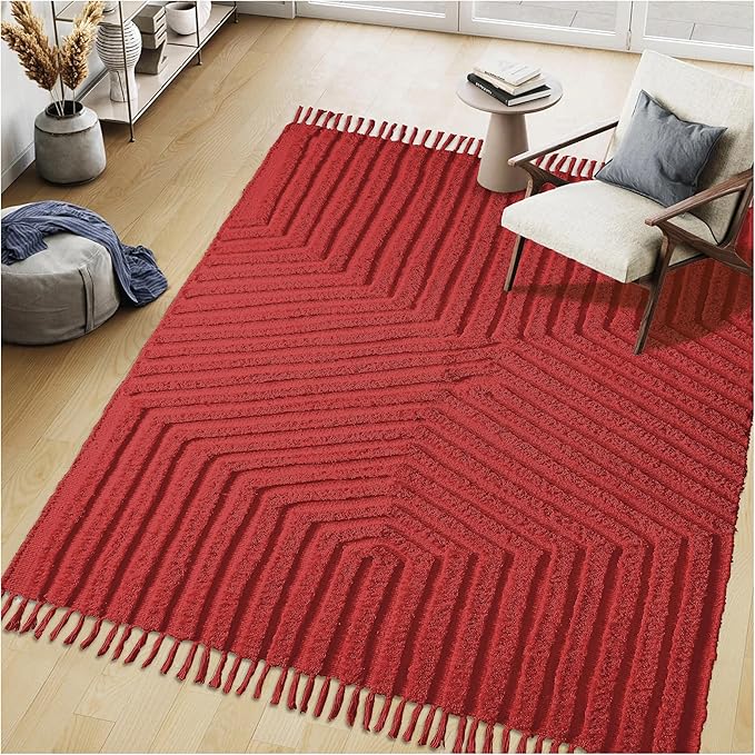 Boho Rugs for Living Room 4x6, Farmhouse Cotton Area Rug for Bedroom, Washable Tufted Indoor Floor Carpet for Kitchen Dorm Office Dining Room Office Home Decor, Rust Bricks