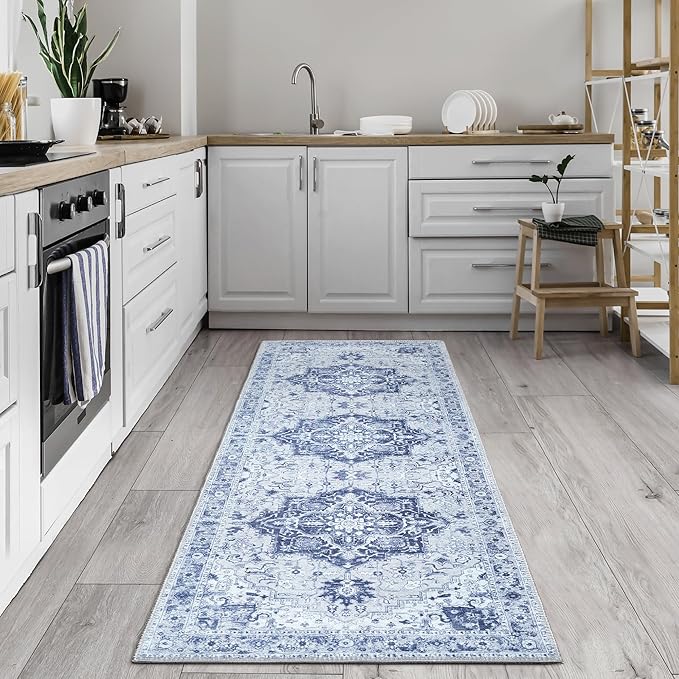Bloom Rugs Washable Non-Slip 10 ft Runner - Gray/Blue Traditional Medallion Runner for Entryway, Hallway, Bathroom, and Kitchen - Exact Size: 2.5' x 10'