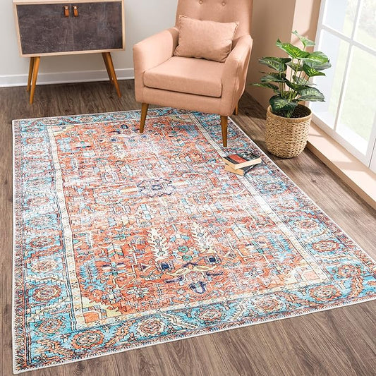 Bloom Rugs Washable Non-Slip 2' x 3' Rug - Orange/Blue Traditional Oriental Area Rug for Living Room, Bedroom, Dining Room, and Kitchen - Exact Size: 2' x 3'
