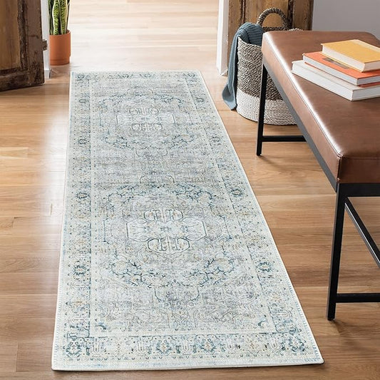 Bloom Rugs Washable Non-Slip 7 ft Runner - Cream/Light Blue/Teal Traditional Medallion Runner for Entryway, Hallway, Bathroom, and Kitchen - Exact Size: 2.5' x 7'