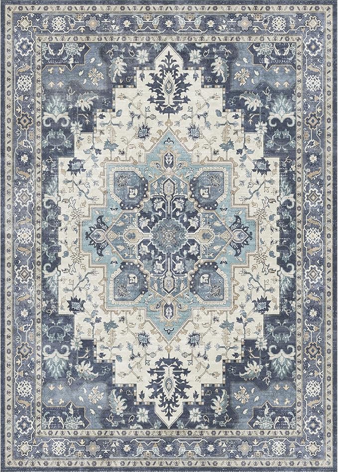 GENIMO 2x7 Runner Rugs for Hallway, Machine Washable Non Slip Vintage Rugs, Low Pile Lightweight Soft Print Rug for enrtyway, Corridor, Home Office, Kitchen, Center Blue