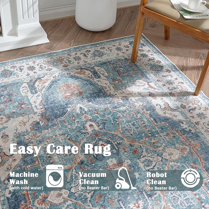 jinchan Area Rug 4x6 Washable Vintage Rug Floor Cover Traditional Thin Blue Multi Distressed Floral Print Indoor Mat for Bedroom Living Room Kitchen Dining Room