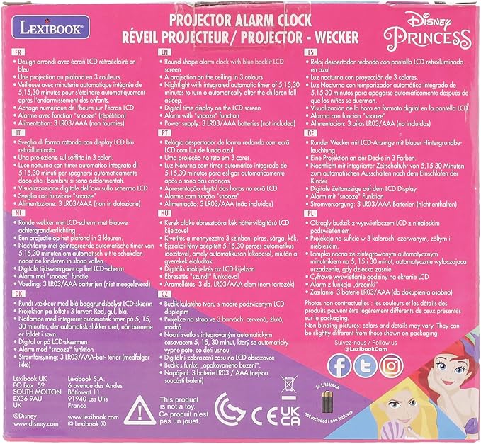 LEXIBOOK Projector Clock Disney Princess with Snooze Alarm Function, Night Light with Timer, LCD Screen, Battery Operated, Pink