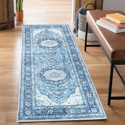 Bloom Rugs Caria Washable Non-Slip 10 ft Runner - Blue Traditional Runner for Entryway, Hallway, Bathroom, and Kitchen - Exact Size: 2'6" x 10'