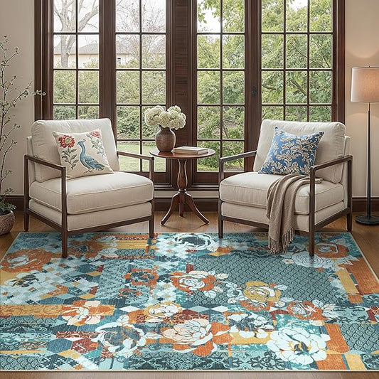 GENIMO 5X7 Floral Area Rugs for Living Room, Machine Washable Non Slip Vintage Patchwork Washable Rug, Ultra-Thin Low Pile Chenille Rugs for Bedroom, Dining Room, Navy Blue