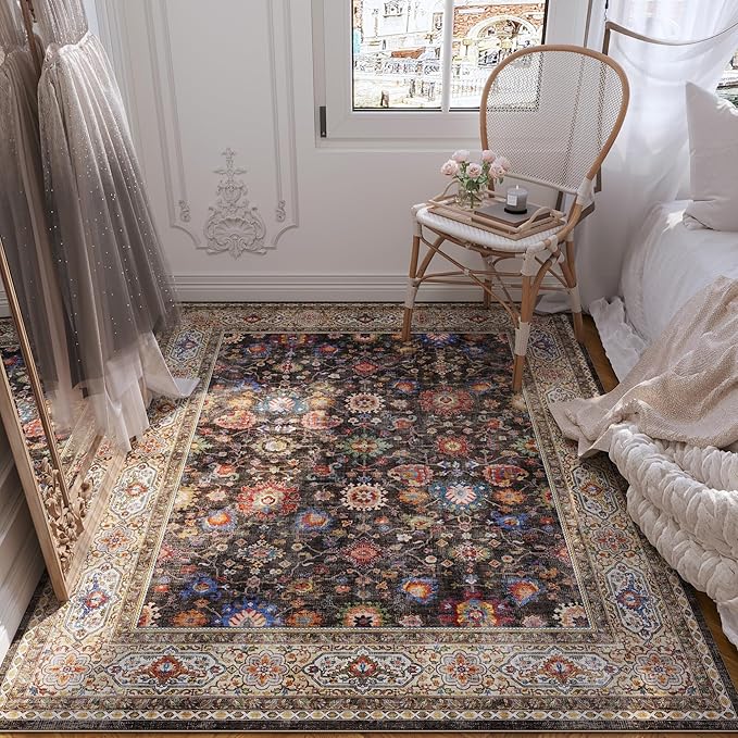 Area Rug 4x6 Rug Washable Boho Rugs Non Slip Low Pile Small Carpet for Bedroom, Bedside, Kids Room, Office, Dining Room (Dark Espresso)