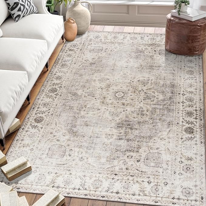 ReaLife Rugs Machine Washable Area Rug - Living Room Bedroom Bathroom Kitchen Entryway Office - Padded Low Pile Stain Resistant Premium - Boho Farmhouse Vintage - Joy - Beige Ivory 6' Round