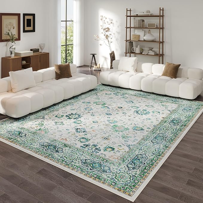 Area Rugs 8x10 Rug for Living Room Clearance Washable Boho Area Rug Non Slip Soft Vintage Low Pile Large Rug for Living Room, Bedroom, Farmhouse, Dining Room, Kids Playroom(Green)