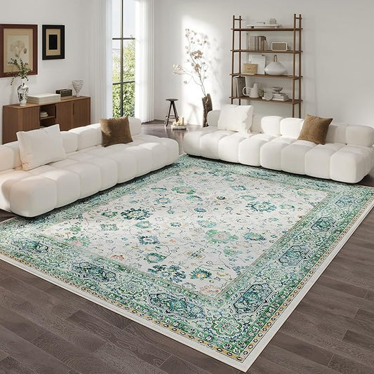 Area Rugs 8x10 Rug for Living Room Clearance Washable Boho Area Rug Non Slip Soft Vintage Low Pile Large Rug for Living Room, Bedroom, Farmhouse, Dining Room, Kids Playroom(Green)