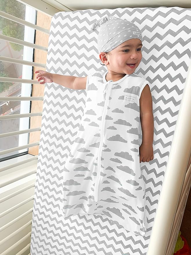 BaeBae Goods Premium Crib Sheets for Baby Boys and Girls, 4 Pack, Soft and Breathable Jersey Knit Fitted Sheet Set, Grey and White, Cute Gender Neutral Nursery Mattress Bedding, Universal Fit