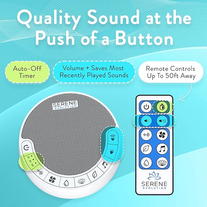 Serene Evolution White Noise Machine with 60 Soothing Sounds - Sound Machine for Adults and Baby - Noise Cancelling Sleep Music Machine with Remote Control - Ideal for Office Privacy - Black