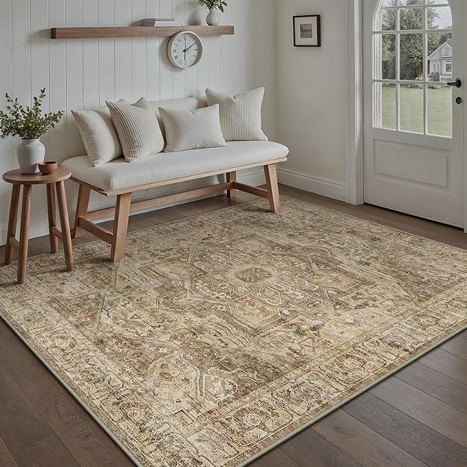 Brown Multi Area Rug 6x9 Vintage Washable Distressed Living Room Carpet Large Indoor Non Slip Traditional Medallion Retro Low Pile Accent Throw Rug Bedroom Kitchen Office Dining Room