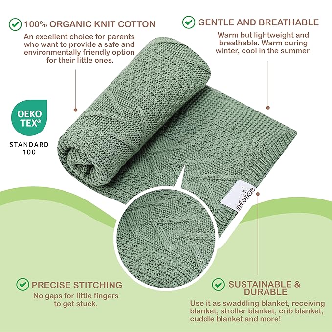Organic Cotton Baby Blanket - 31.5 x 43.3 Inches, Soft Knitted Crib Blanket for Boys & Girls, Breathable Design (Green)