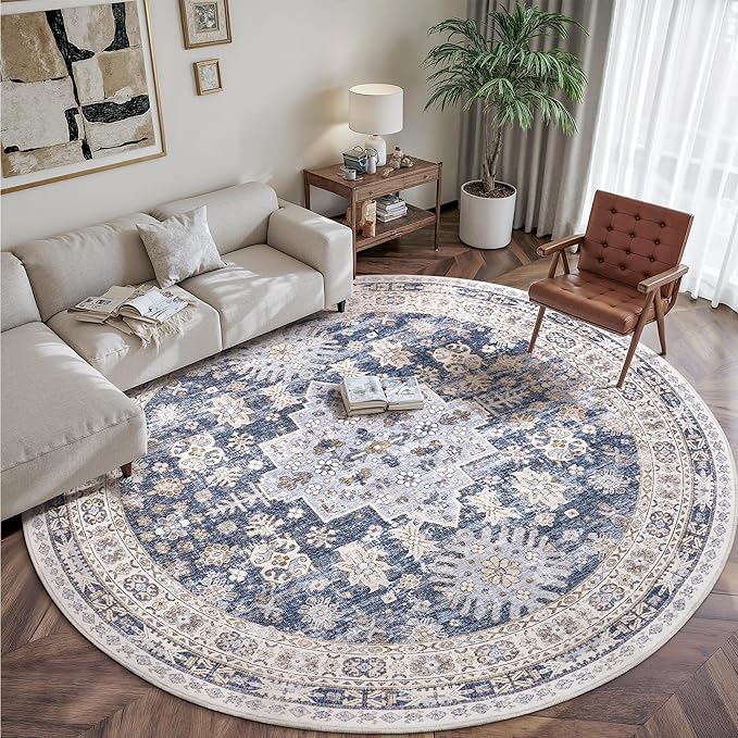 zesthome 9ft Round Rugs for Living Room, Non-Slip Washable Round Area Rugs, Ultra-Thin Large Circle Rugs, Soft Low Pile Rug for Bedroom, Kitchen - Vintage Stain Resistant Round Rug (Blue/Beige,9'x9')