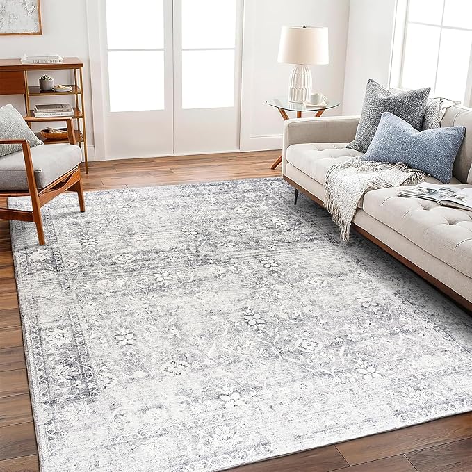 ReaLife Rugs Machine Washable Area Rug - Living Room Bedroom Bathroom Kitchen Entryway Office - Padded Low Pile Stain Resistant Premium - Boho Farmhouse Vintage - Noor - Silver Ivory 4' x 6'