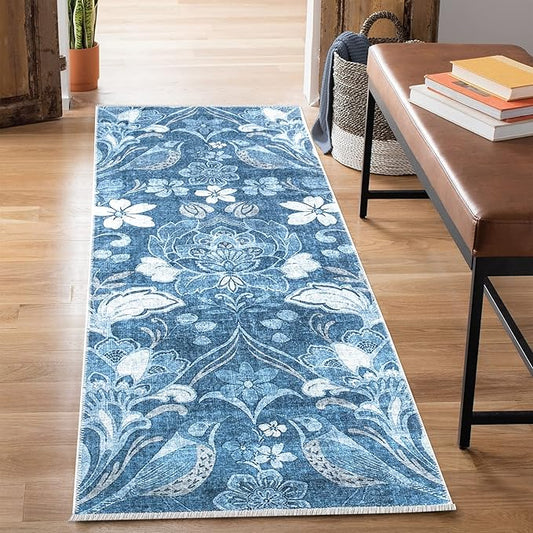 Bloom Rugs Caria Washable Non-Slip 10 ft Runner - Blue/Ivory Floral Runner for Entryway, Hallway, Bathroom, and Kitchen - Exact Size: 2'6" x 10'