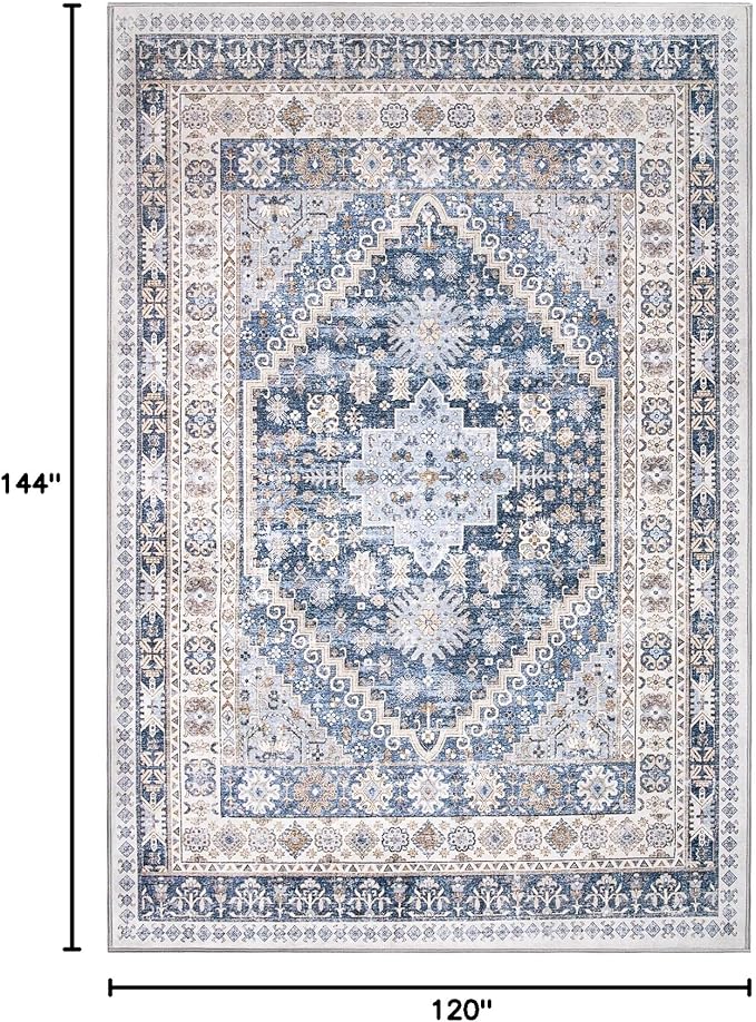 zesthome 10x12 Area Rugs,Stain Resistant Washable Rug,Ultra-Thin Rugs for Living Room,Bedroom,Non-Slip Backing Home Decor Large Area Rug (Blue/Beige,10'x12')