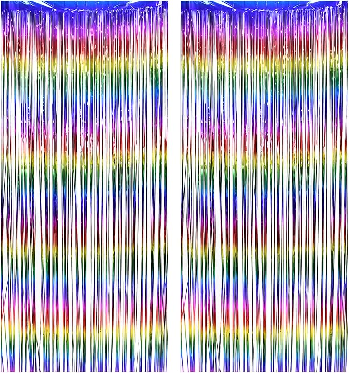 BRAVESHINE Fringe Backdrop Tinsel Foil Curtains - 2 Pack Colorful Metallic Streamers Backdrops for Doorway Decor/80's/90's/Dance/Graduates/Rainbows-Theme/Candylands/Kids Birthdays Party Decorations