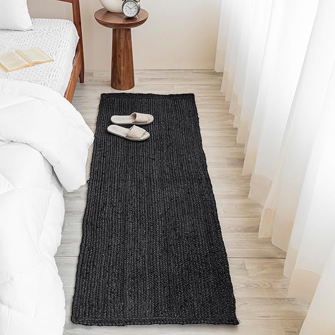 HOMEMONDE Handcrafted Woven Jute Runner Rug - Rustic Vintage Braided Reversible Area Rug - Farmhouse Indoor Floor Rug - Eco Friendly Rug for Kitchen/Hallway/Living Room/Bedroom (Black, 2'x6')