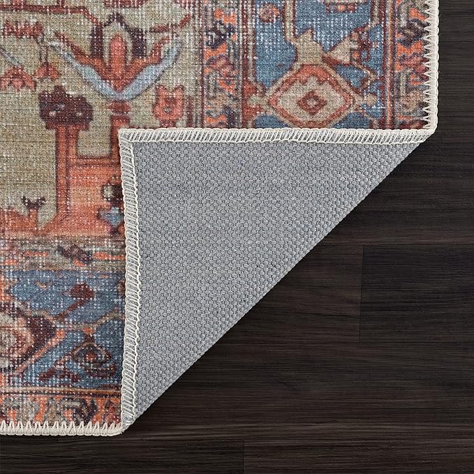 Bloom Rugs Washable 7 ft Runner - Terracotta/Blue Traditional Runner for Entryway, Hallway, Bathroom, and Kitchen - Exact Size: 2.5' x 7'