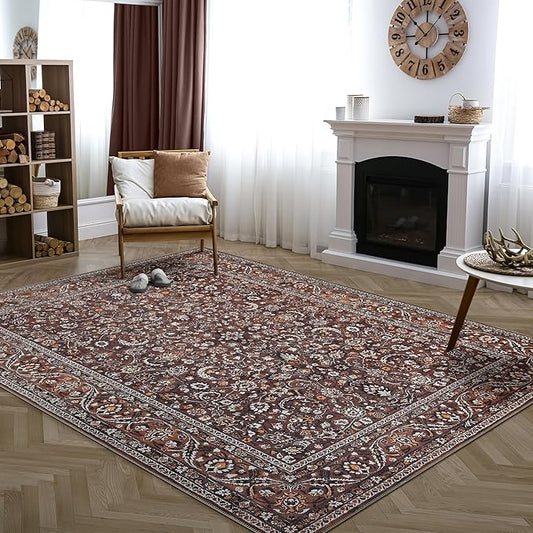 Bloom Rugs Washable Non-Slip 9' x 12' Rug - Dark Brown/Orange Traditional Bordered Area Rug for Living Room, Bedroom, Dining Room, and Kitchen - Exact Size: 9' x 12'