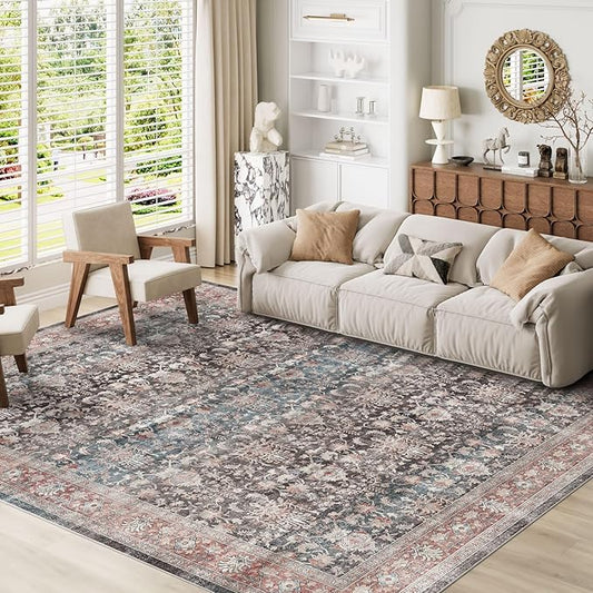 Dripex Washable Rugs 8x10 Area Rug for Living Room - Stain Resistant Distressed Rugs for Bedroom Dining Room Non-Slip Low-Pile Soft Farmhouse Office Home Decor, Pet & Child Friendly