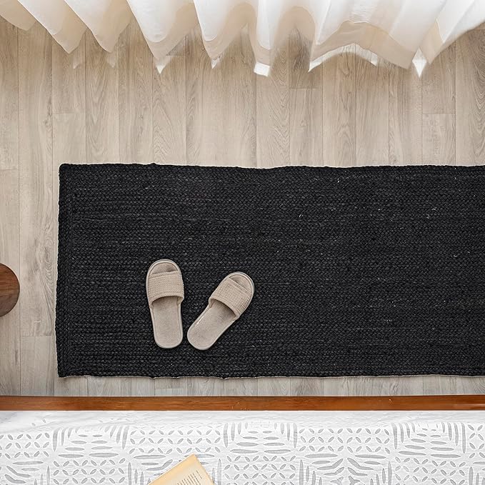 HOMEMONDE Handcrafted Woven Jute Runner Rug - Rustic Vintage Braided Reversible Area Rug - Farmhouse Indoor Floor Rug - Eco Friendly Rug for Kitchen/Hallway/Living Room/Bedroom (Black, 2'x6')