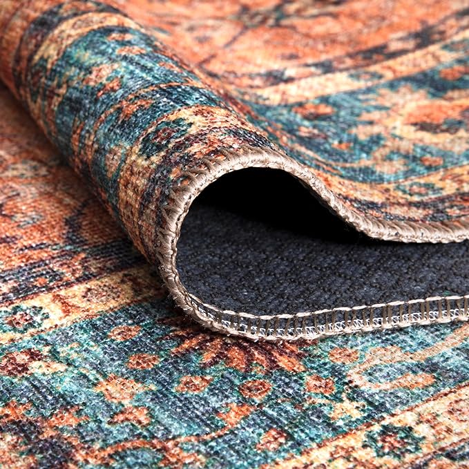 Bloom Rugs Washable Non-Slip 6' x 9' Rug - Orange/Teal Blue Traditional Bordered Area Rug for Living Room, Bedroom, Dining Room, and Kitchen - Exact Size: 6' x 9'