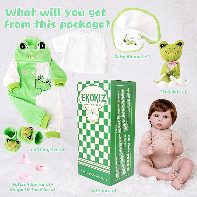 Reborn Baby Dolls 22-Inch Realistic Baby Doll Soft Cloth Body Real Life Baby Dolls with Green Frog Clothes Toys Accessories Birthday Gift Set for Kids 3+