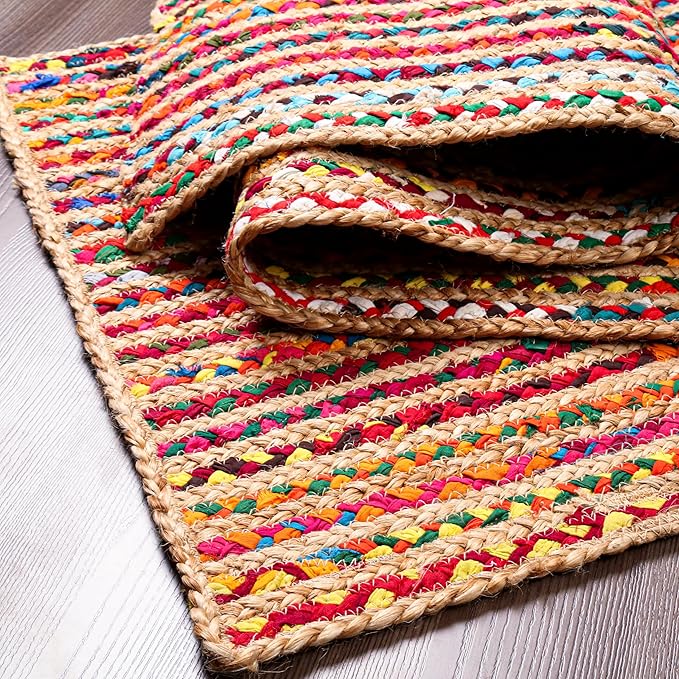 Hausattire Bohemian Braided Runner Rug 2'x6' - Multi Color, Long Farmhouse Jute Cotton Area Rag Rugs for Hallway, Kids Bedroom, Kitchen | Colorful Hand Woven Reversible Floor Carpet - 24x72 Inch