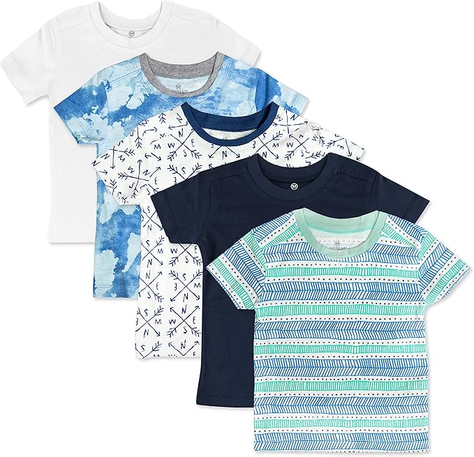 HonestBaby Unisex-Baby 5-Pack Short Sleeve T-Shirts 100% Organic Cotton Baby, Toddler, Little Kid, Boy, Girl, Unisex