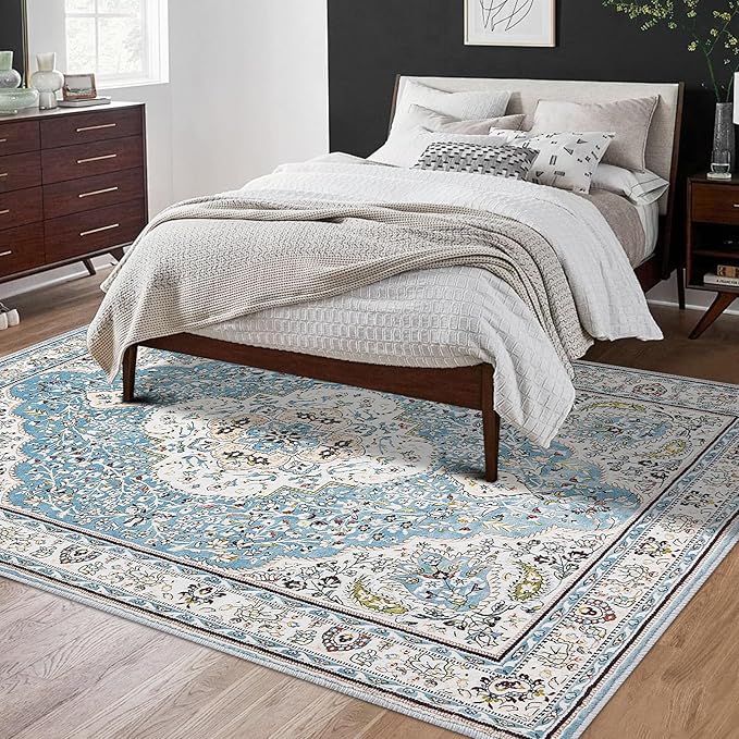 Ciicool Boho Area Rug 3’x5’ Blue Washable Bedroom Non-Slip Oriental Entry Soft Throw Low-Pile Indoor Rug Floor Carpet for Living Room Laundry Foyer Decor (Floral Medallion)