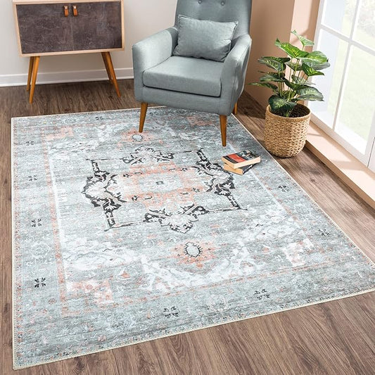 Bloom Rugs Washable Non-Slip 8' x 10' Rug - Gray/Coral Pink Traditional Area Rug for Living Room, Bedroom, Dining Room, and Kitchen - Exact Size: 8' x 10'