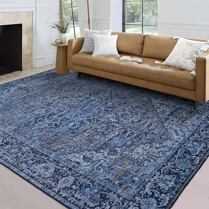 ReaLife Rugs Machine Washable Area Rug - Living Room Bedroom Bathroom Kitchen Entryway Office - Padded Low Pile Stain Resistant Premium - Boho Vintage Traditional - Lyle - Blue 7'6" x 9'6"