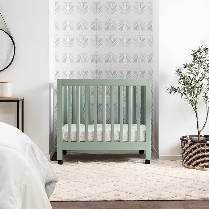 Babyletto Origami Mini Portable Crib Folding with Wheels in Light Sage, 2 Adjustable Mattress Positions, Greenguard Gold Certified