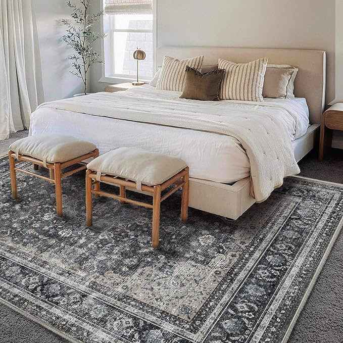 Area Rug 6'x9' Washable Vintage Traditional Floor Cover Thin Retro Kitchen Indoor Distressed Non Slip Carpet for Living Room Bedroom Dining Room