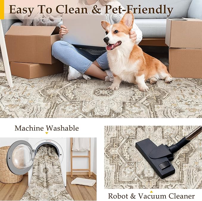 Brown Area Rug 6x9 Vintage Washable Distressed Living Room Carpet Large Indoor Non Slip Traditional Medallion Retro Low Pile Accent Throw Rug Bedroom Kitchen Office Dining Room