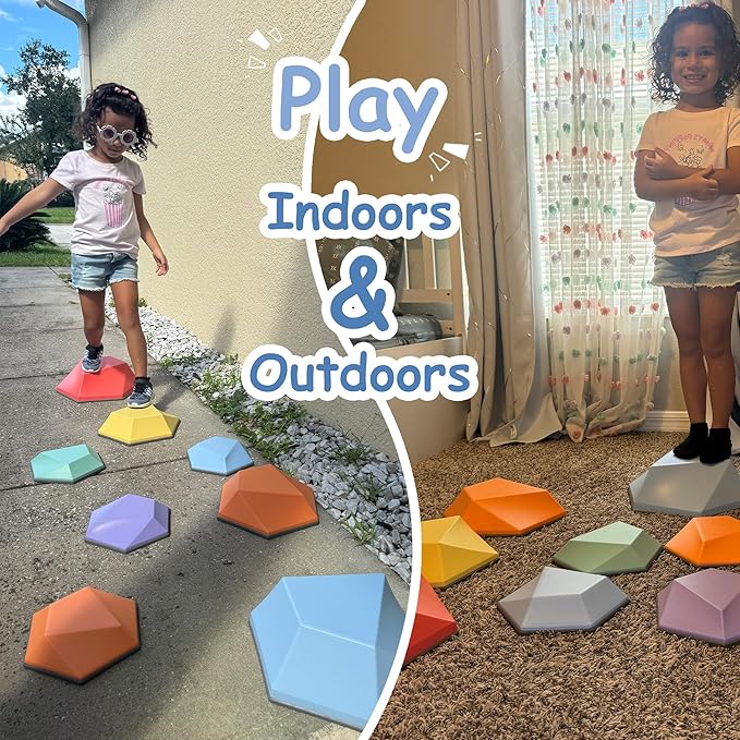 makarci Stepping Stones for Kids 12pcs Obstacle Courses Play Indoor Outdoor, Full Rubber Rim Plastic Hilltop for Kids Balance and Integration Improvement Age 3 4 5 6 7 8 + (Forest)