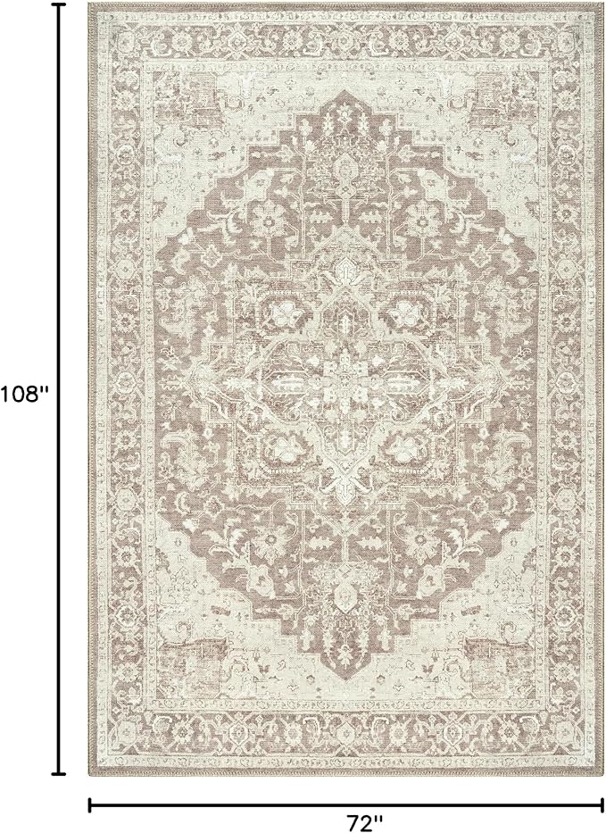 Bloom Rugs Washable Non-Slip 6' x 9' Rug - Light Brown Traditional Medallion Area Rug for Living Room, Bedroom, Dining Room, and Kitchen - Exact Size: 6' x 9'