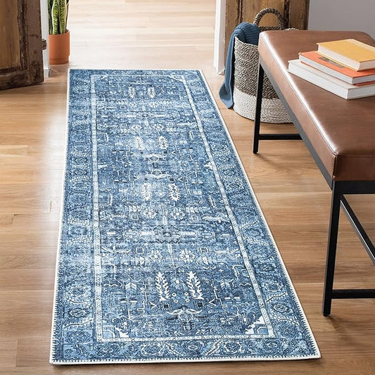 Bloom Rugs Washable Non-Slip 10 ft Runner - Blue Traditional Runner for Entryway, Hallway, Bathroom, and Kitchen - Exact Size: 2.5' x 10'