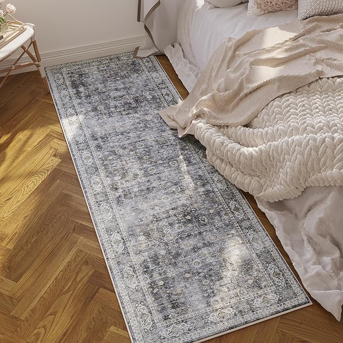Runner Rug for Hallways Kitchen Non Slip 2'x 6' Washable Rugs with Rubber Backing Soft Floral Carpet for Hallways, Kitchen, Laundry, Bedroom, Bathroom(Grey and Brown)