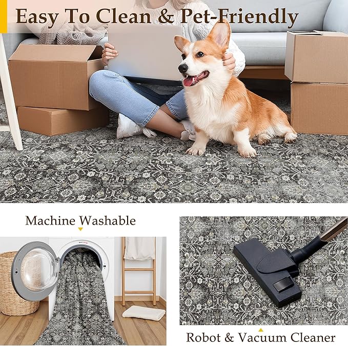 Vintage Area Rug 8x10 Black Washable Living Room Large Carpet Non Slip Bedroom Indoor Office Low Pile Traditional Distressed Retro Accent Rug for Dining Room